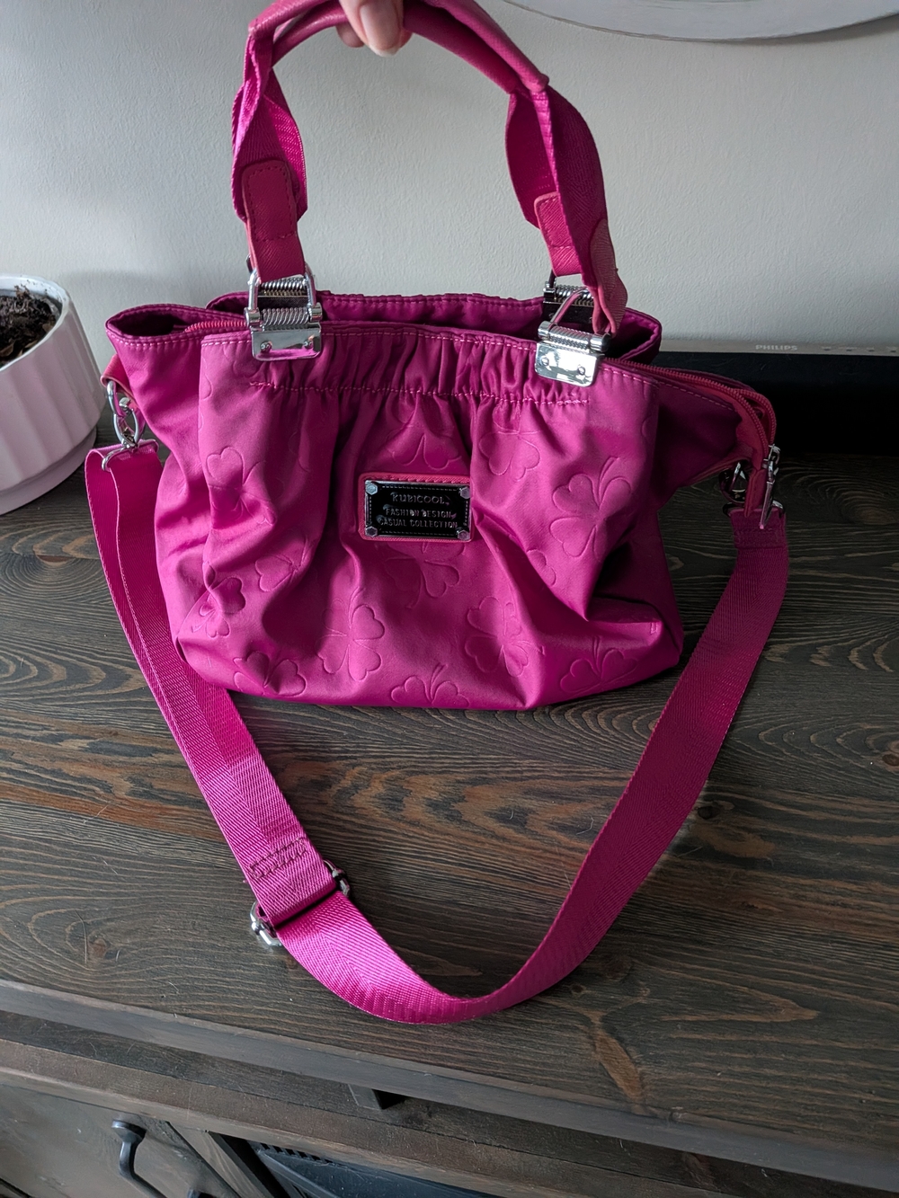 Bright Pink Quilted Shoulder Bag with Designer Plaque